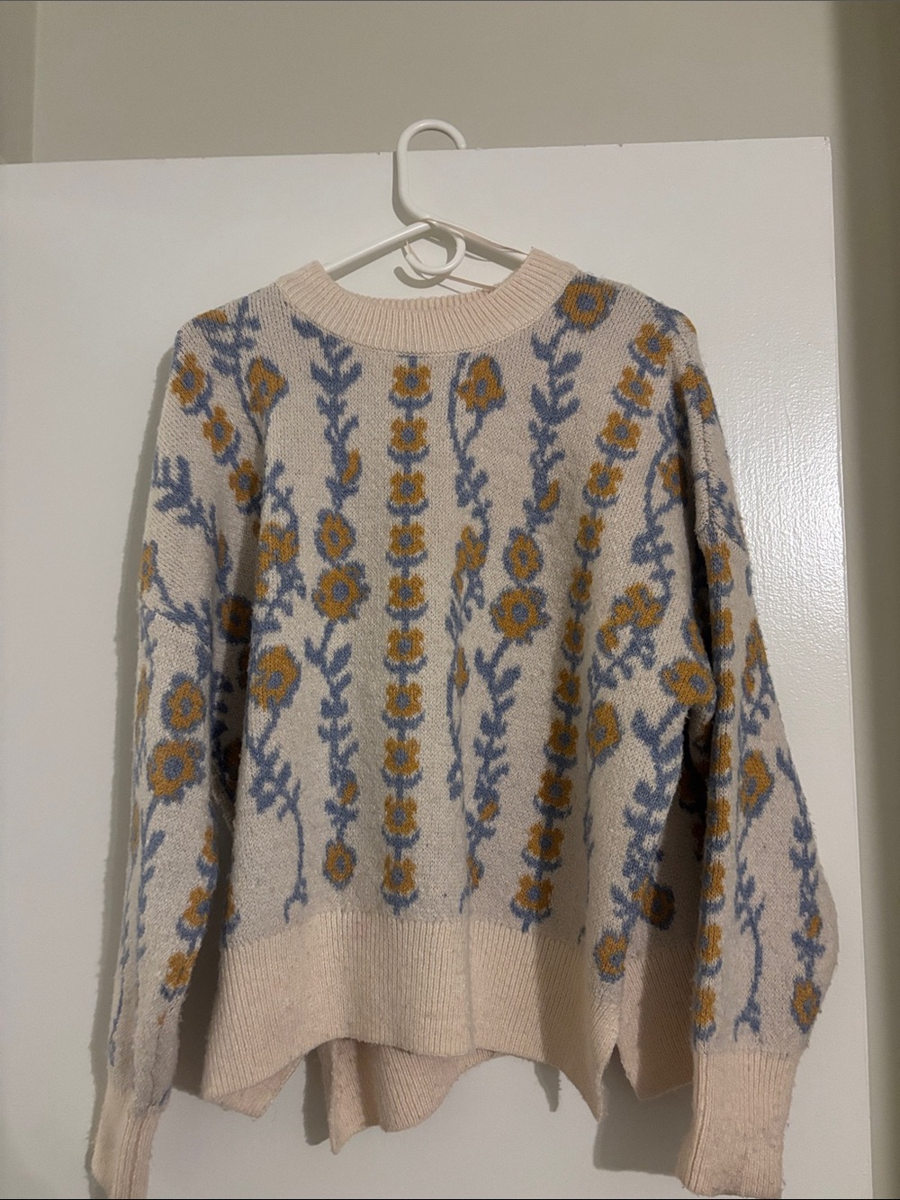 Sincerely Jules Cream Crewneck Sweater with Blue and Mustard Floral